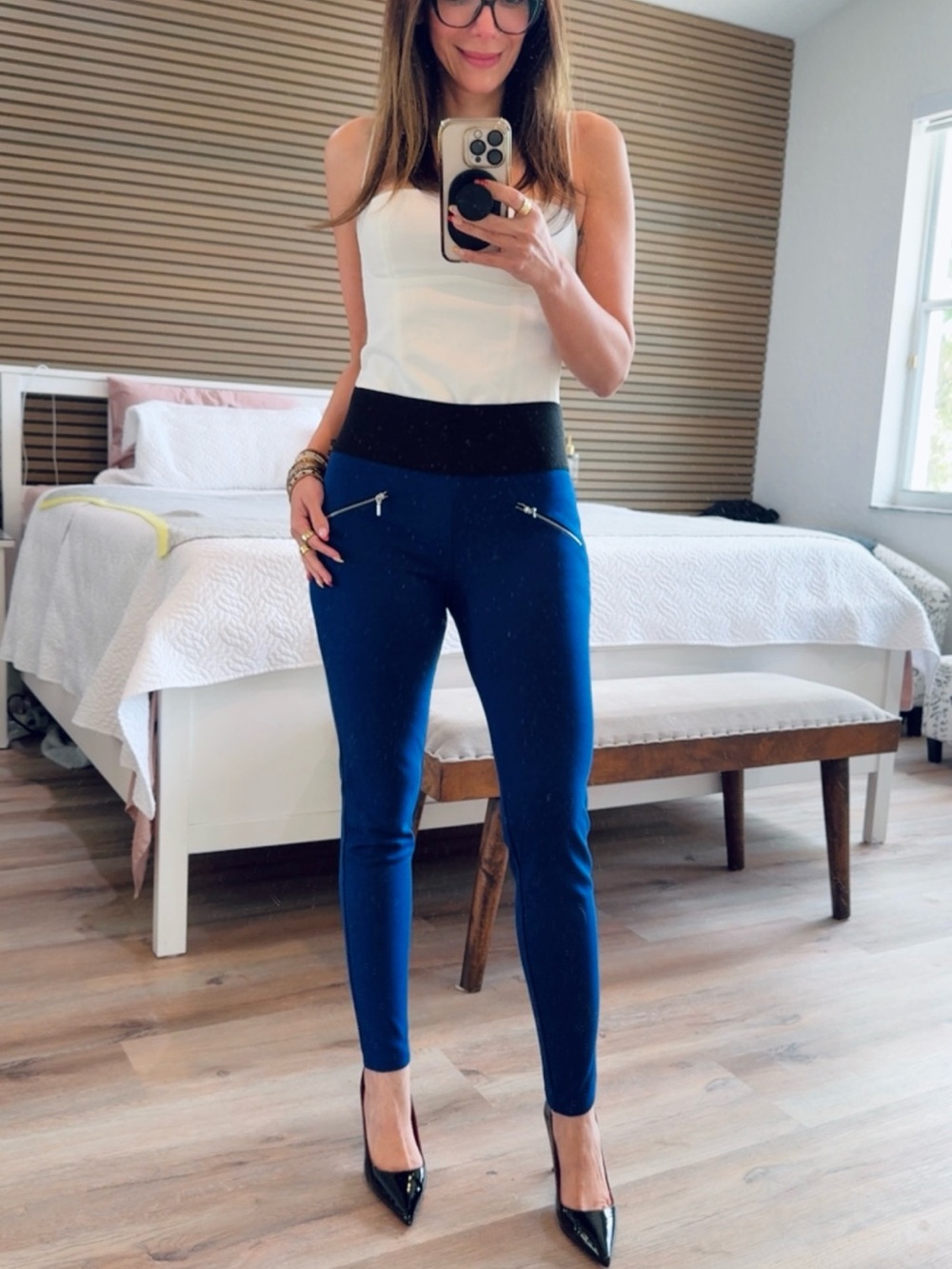 Forever 21 Blue Skinny Ponte Pants with Black Waistband